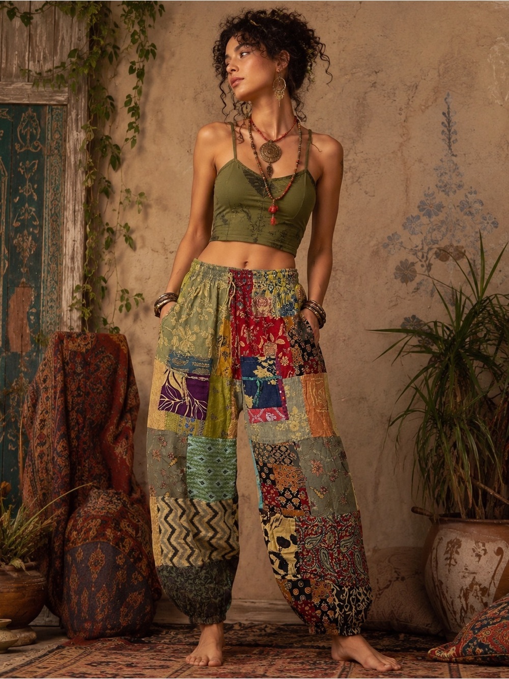 Vintage Kantha Patchwork Jogger Pants Boho Festival Hippie Lounge S-XL